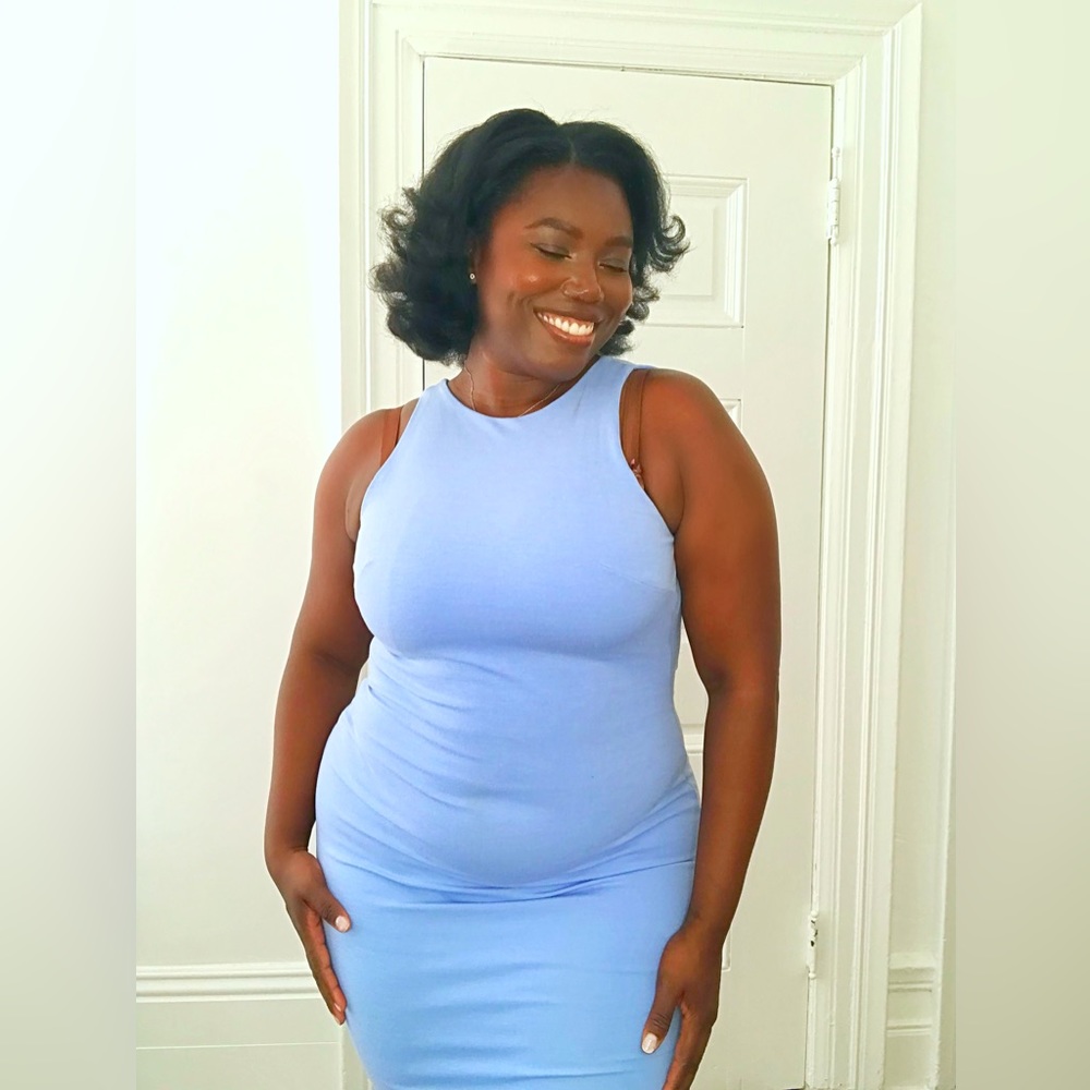 High Neck Baby Blue MIDI Bodycon Dress in size (L) Back Zipper Summer Sexy Color